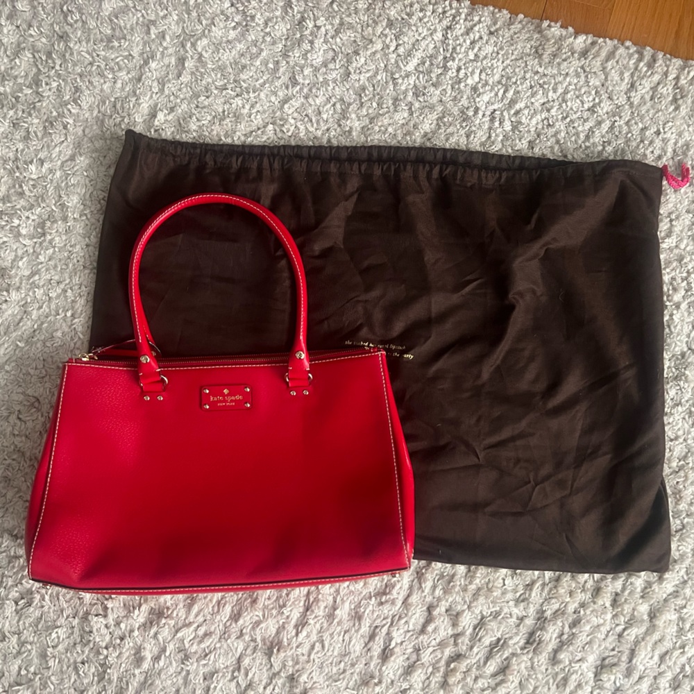 KATE SPADE Large Red Leather Tote Briefcase Shoulder Bag with Three Sections - Picture 2 of 12